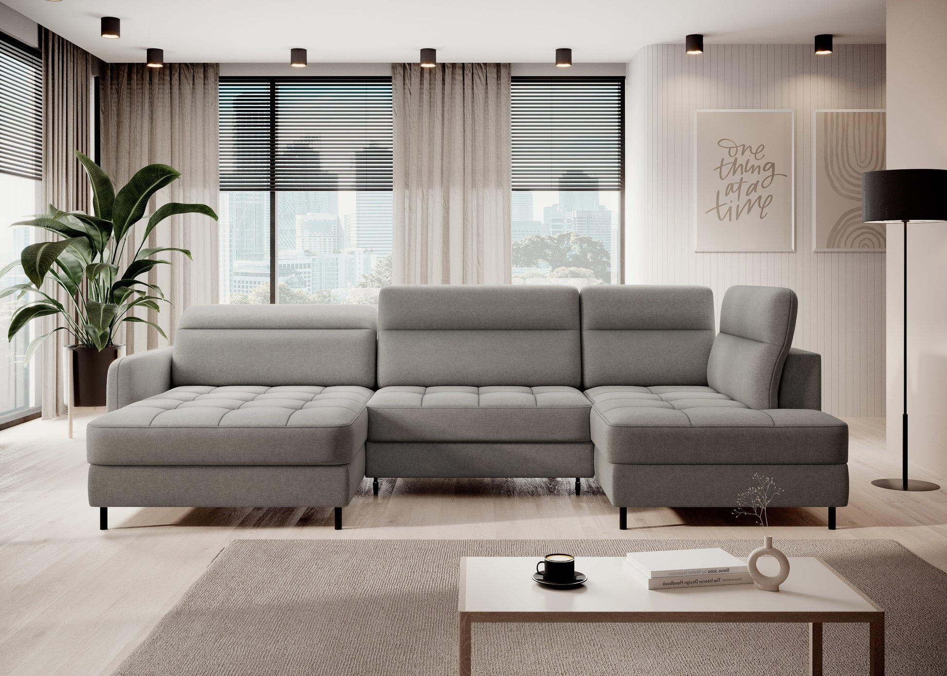 Narożnik Berrto w aranżacji salonu, Raquel 04 szary – widok frontalny