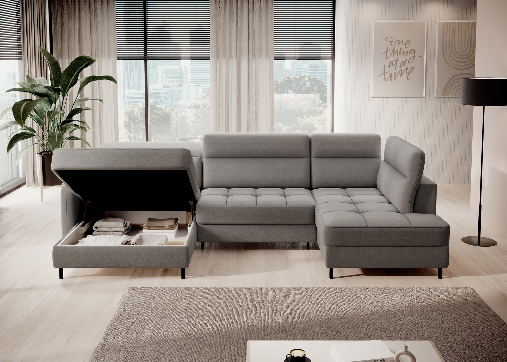 Zbliżenie tkaniny i przeszyć narożnika Berrto, Raquel 04 szary