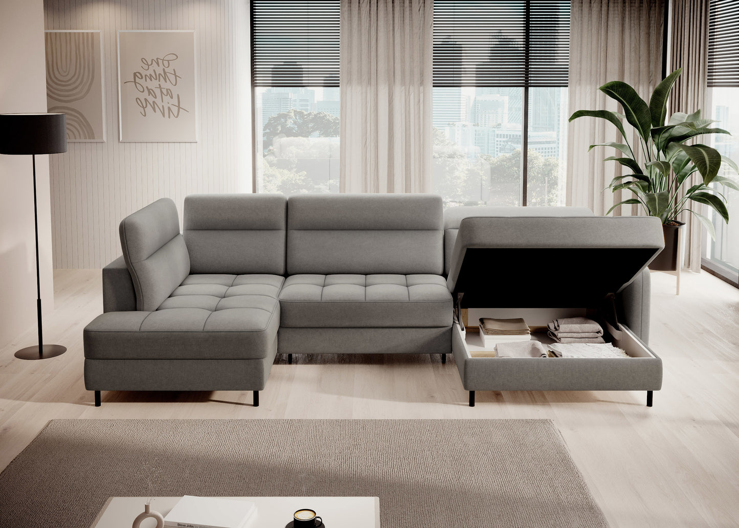 Zbliżenie tkaniny i przeszyć narożnika Berrto, Raquel 04 szary