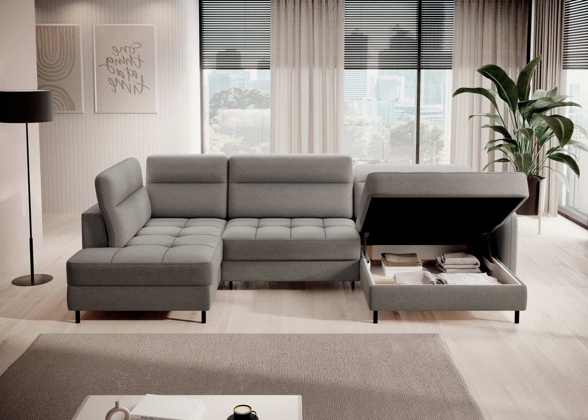 Zbliżenie tkaniny i przeszyć narożnika Berrto, Raquel 04 szary