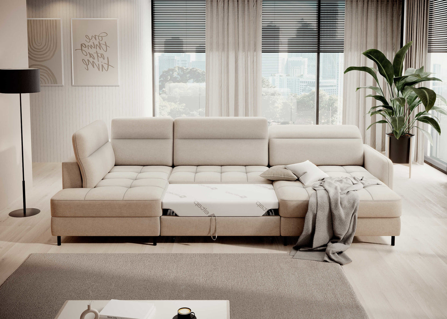 Narożnik Berrto w nowoczesnym salonie, Raquel 18 beżowy – ujęcie z boku