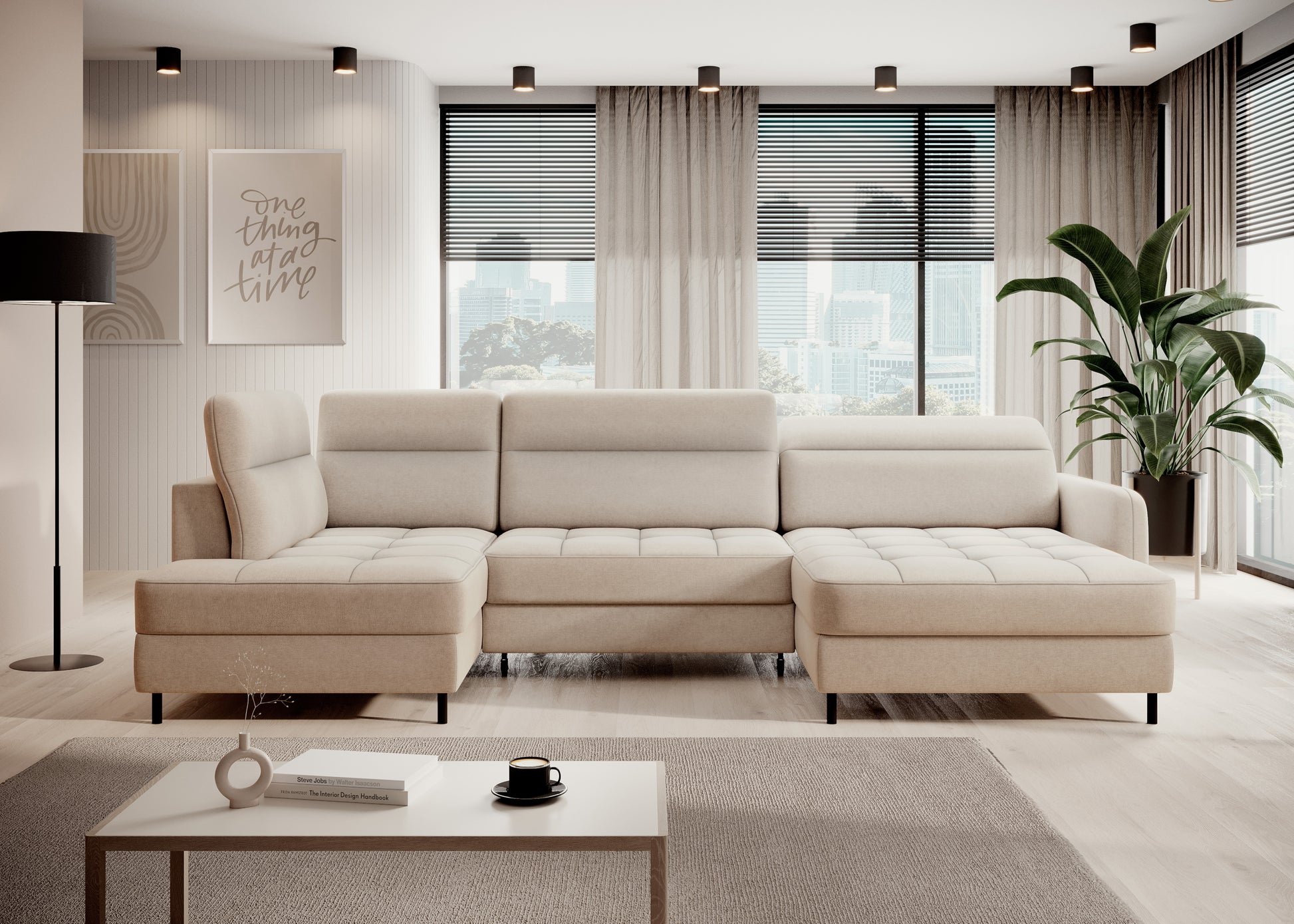 Narożnik Berrto w aranżacji salonu, beżowa tkanina Raquel 18, widok frontalny