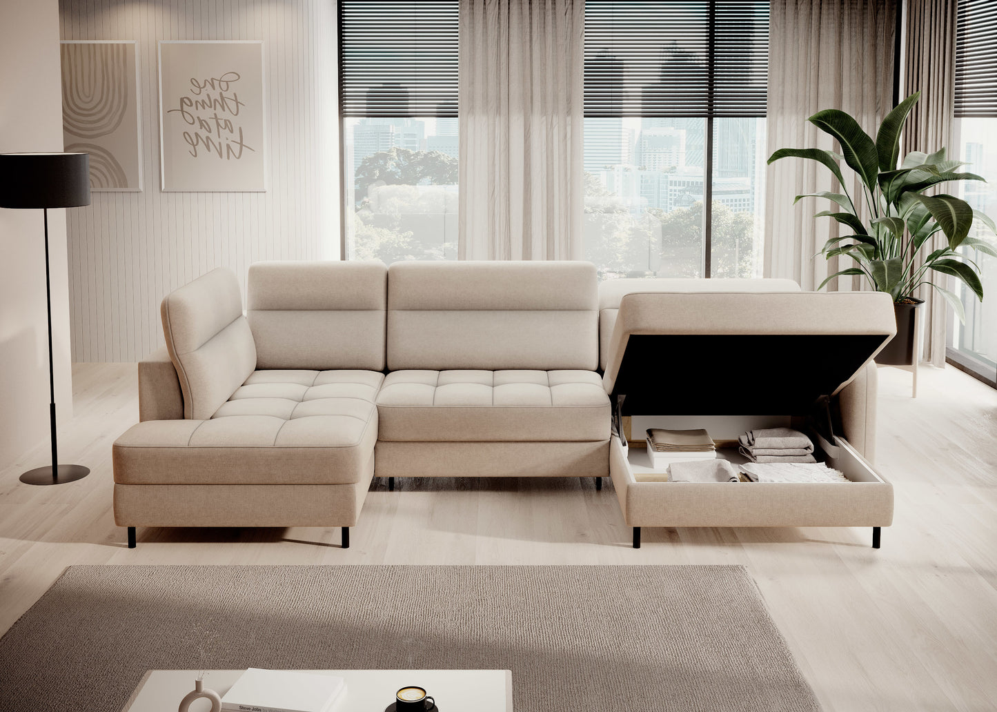 Narożnik Berrto rozłożony do spania, tapicerka Raquel 18 beżowy