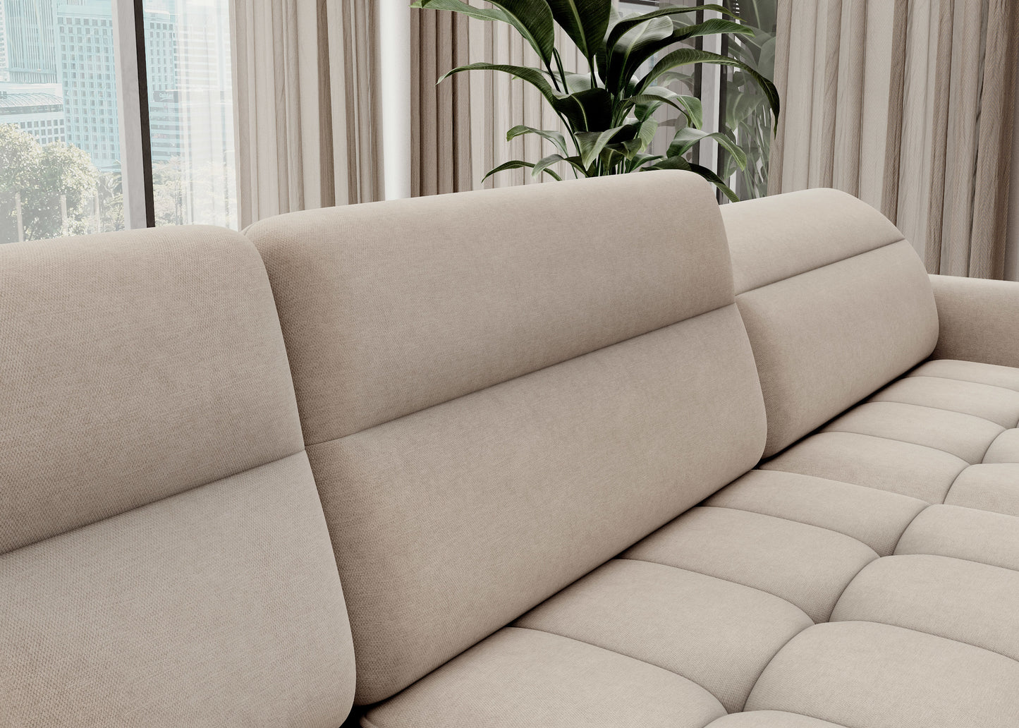 Zbliżenie tkaniny i przeszyć narożnika Berrto, materiał Raquel 18 beżowy