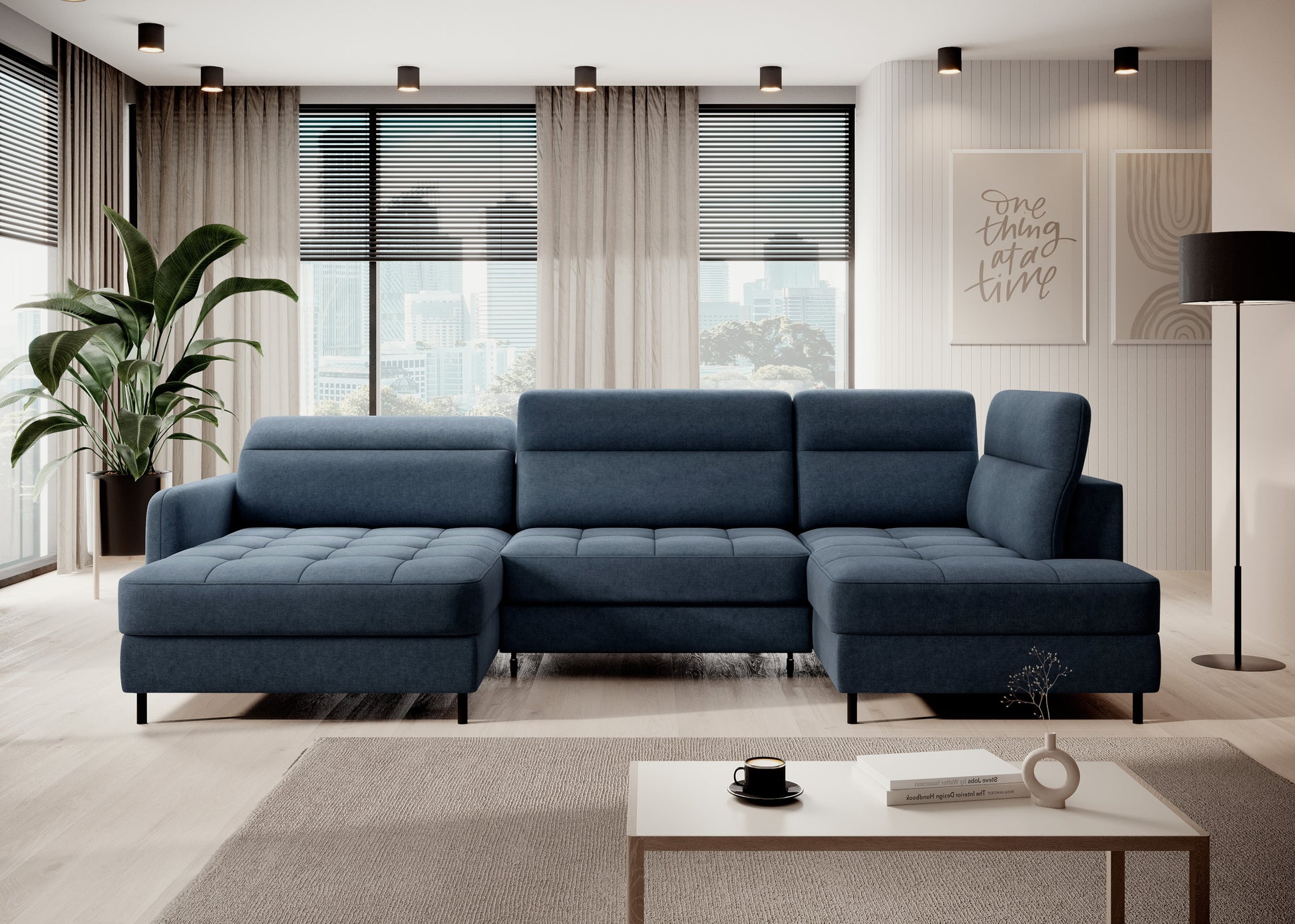 Narożnik Berrto w aranżacji salonu, niebieska tkanina Raquel 40, widok frontalny