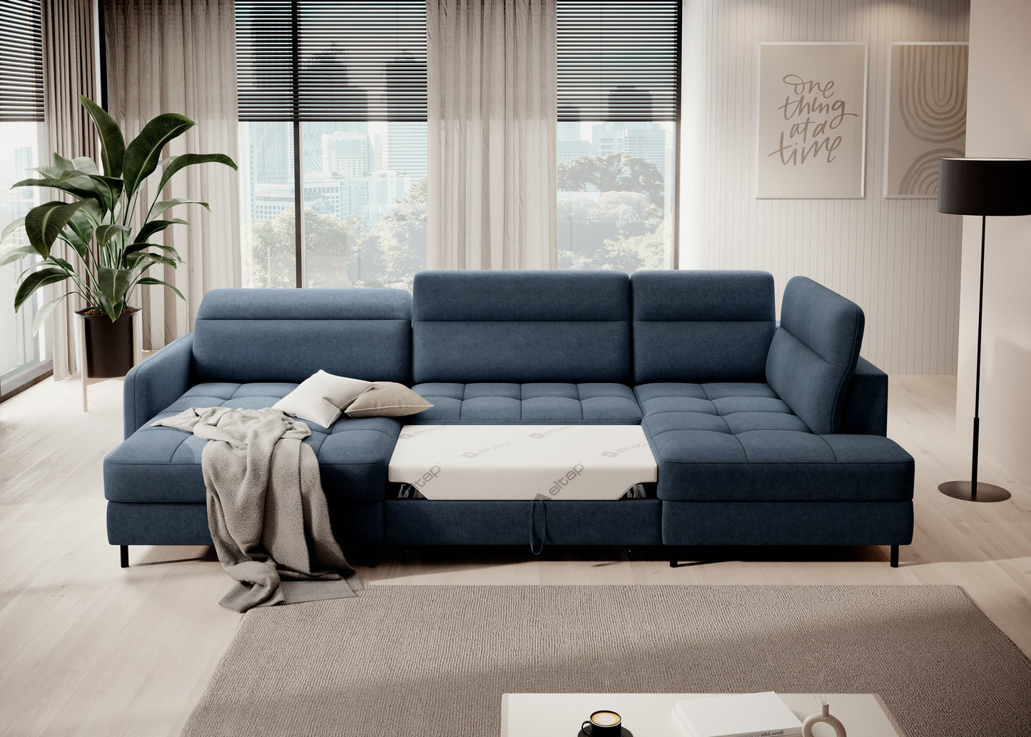 Narożnik Berrto w nowoczesnym salonie, Raquel 40 niebieski – ujęcie z boku