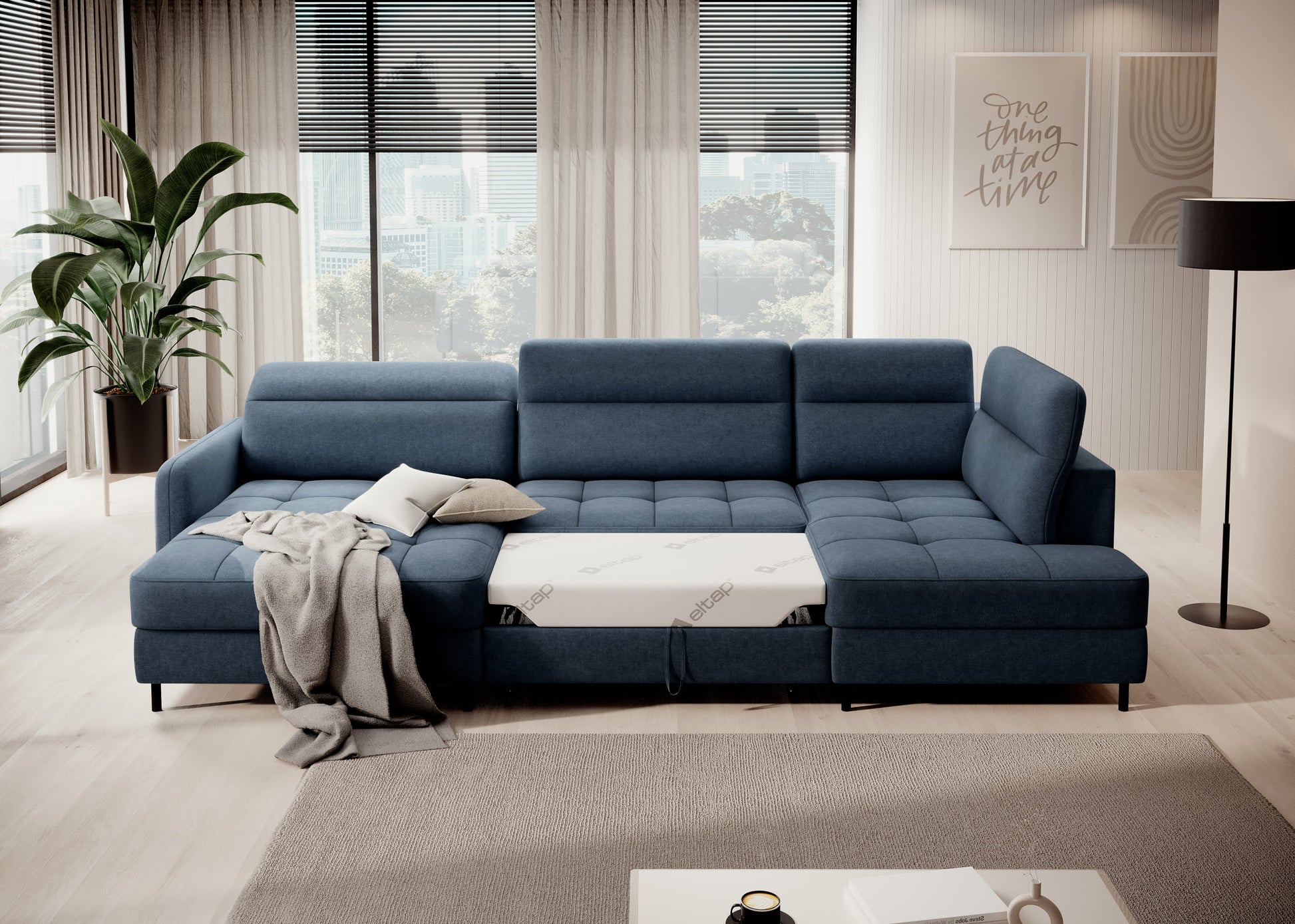 Narożnik Berrto w nowoczesnym salonie, Raquel 40 niebieski – ujęcie z boku