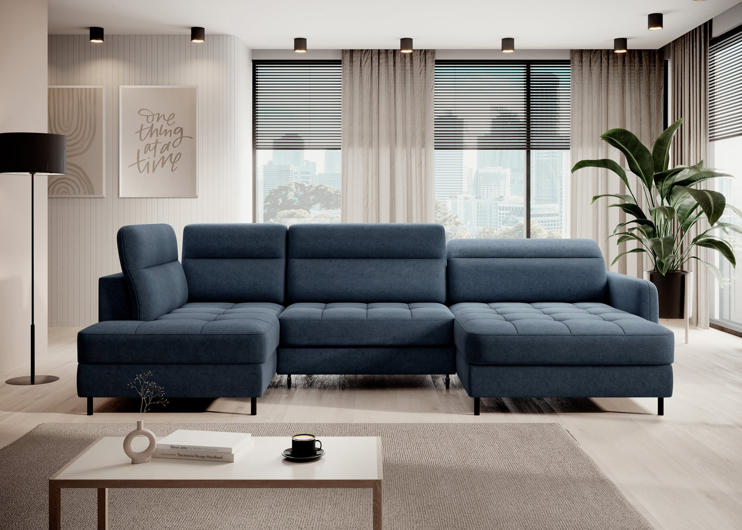 Narożnik Berrto w aranżacji salonu, niebieska tkanina Raquel 40, widok z przodu