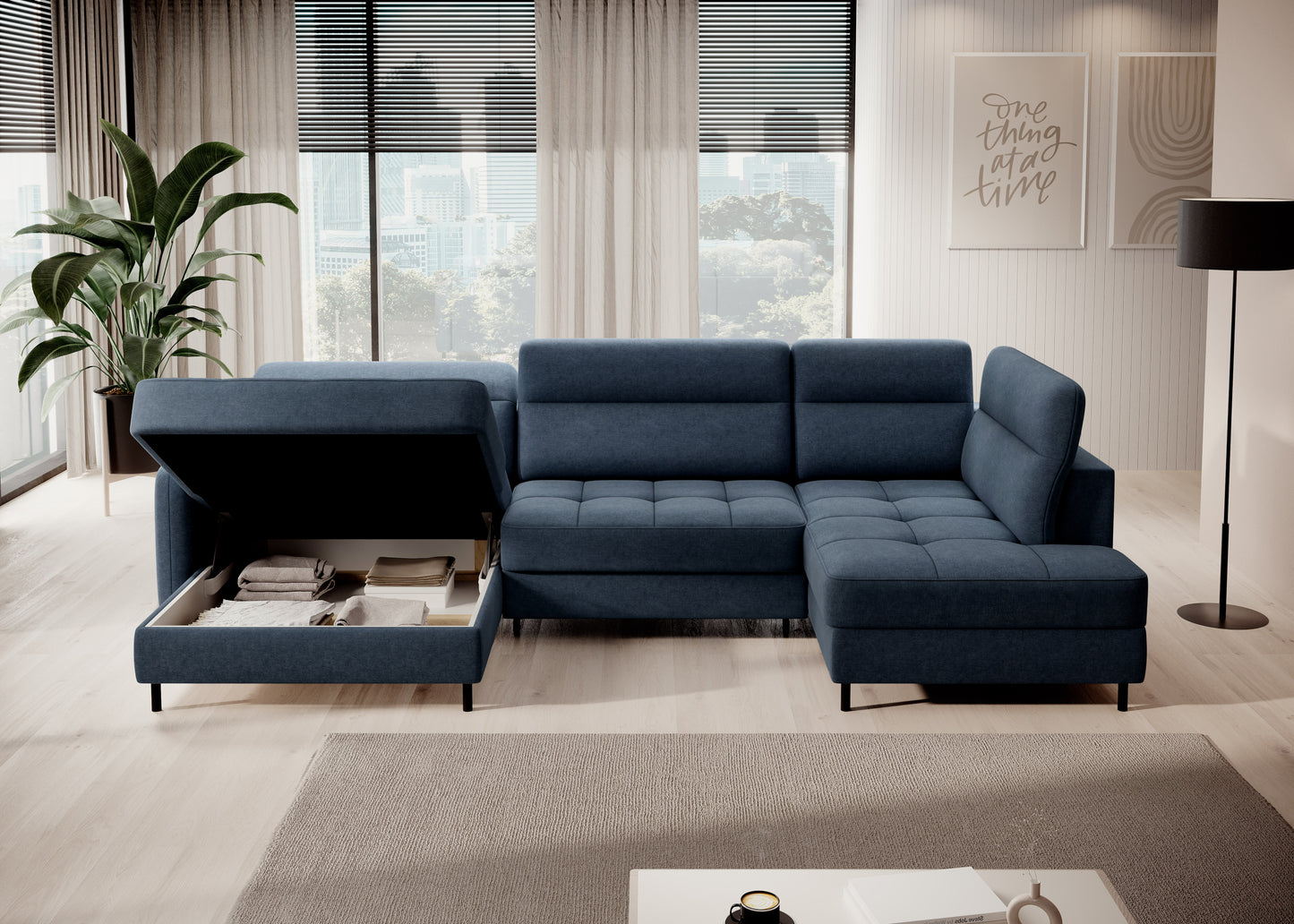 Narożnik Berrto rozłożony do spania, tapicerka Raquel 40 niebieski