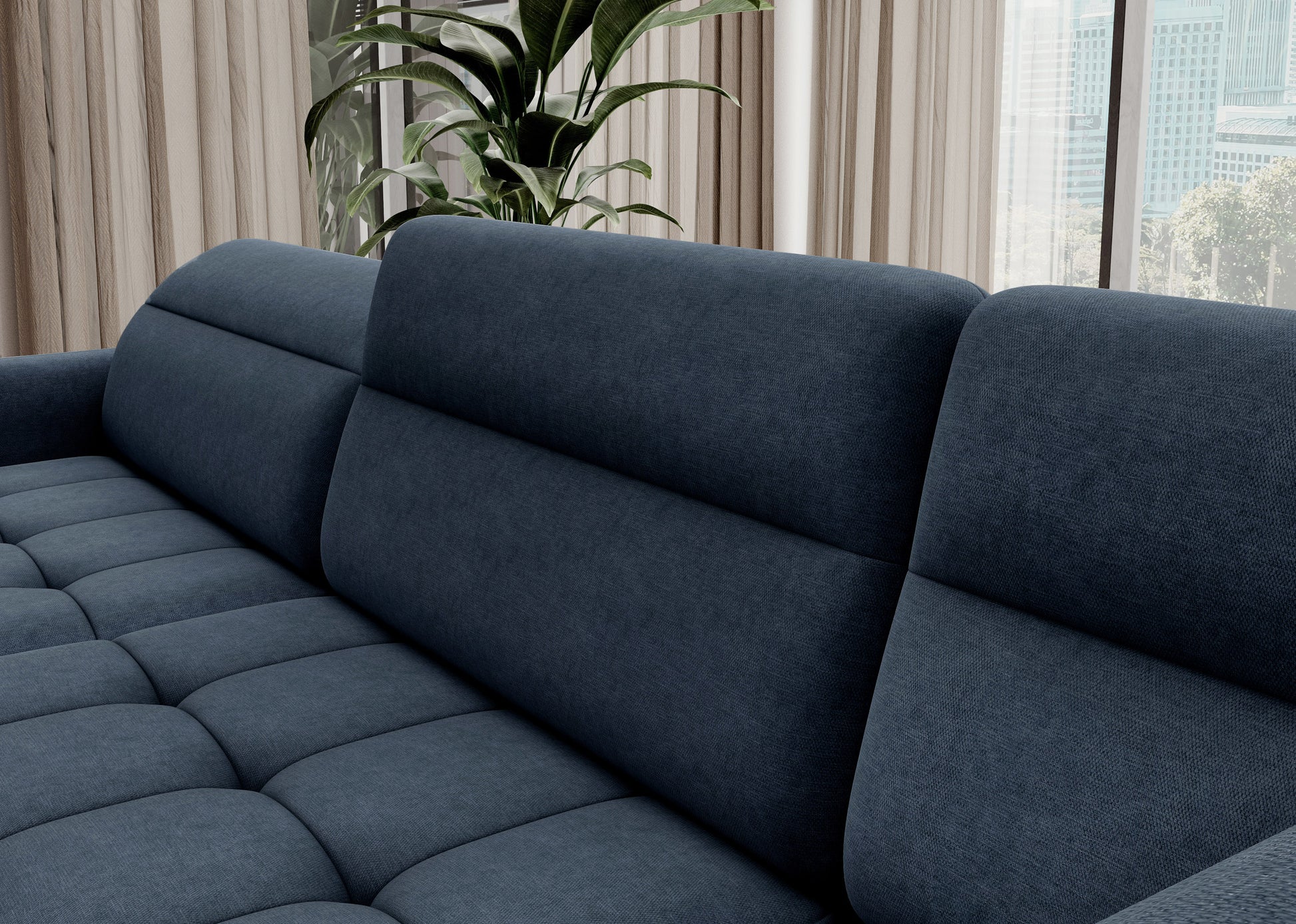 Zbliżenie tkaniny i przeszyć narożnika Berrto, materiał Raquel 40 niebieski

