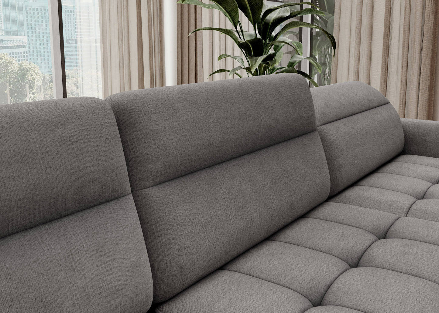 Zbliżenie tkaniny i przeszyć narożnika Berrto, materiał Toscany 03 szary