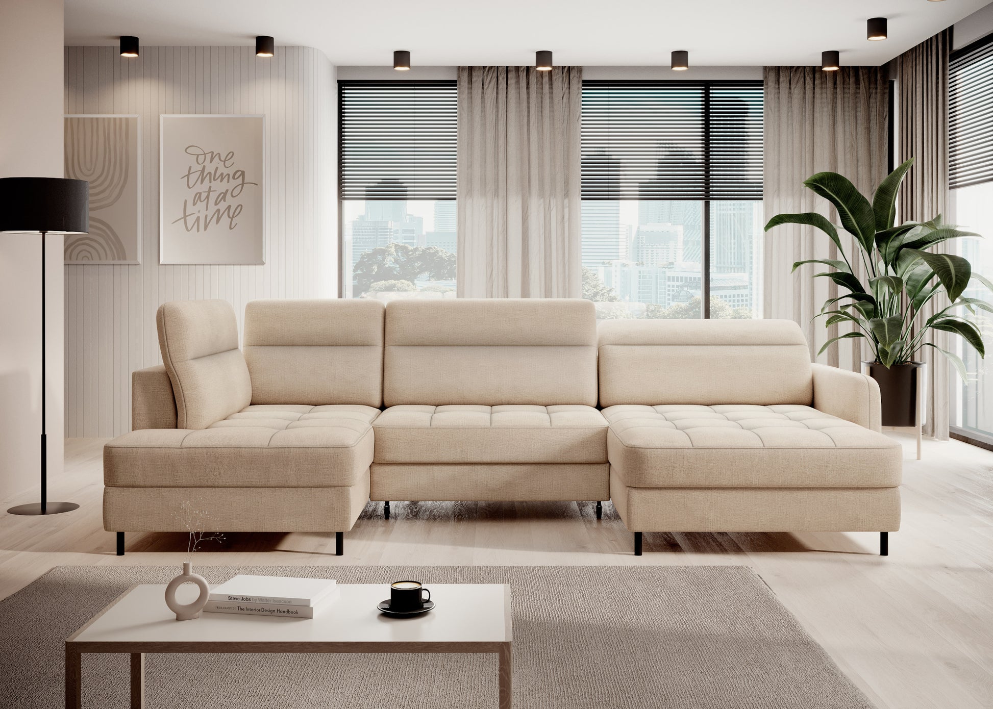 Narożnik Berrto w aranżacji salonu, beżowa tkanina Toscany 18, widok frontalny