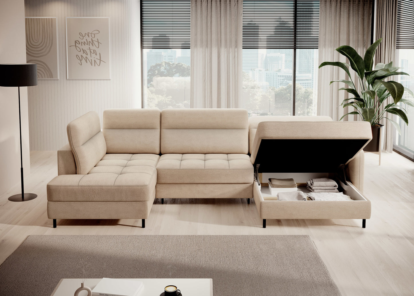 Narożnik Berrto w nowoczesnym salonie, Toscany 18 beżowy – ujęcie z boku