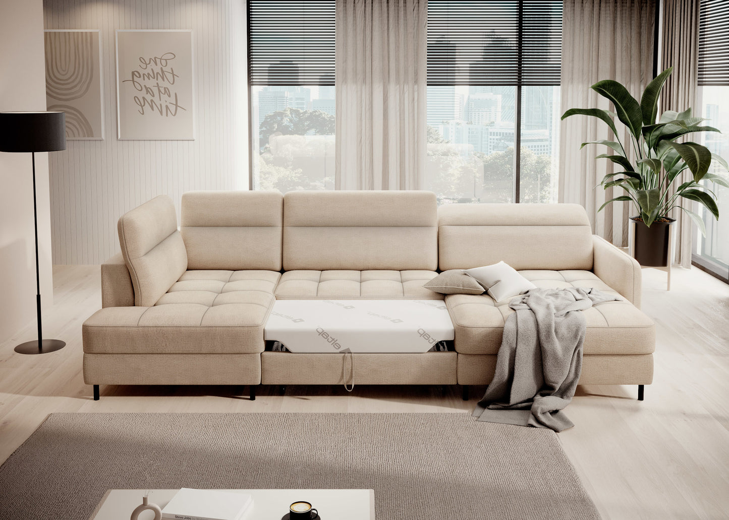 Narożnik Berrto rozłożony do spania, tapicerka Toscany 18 beżowa