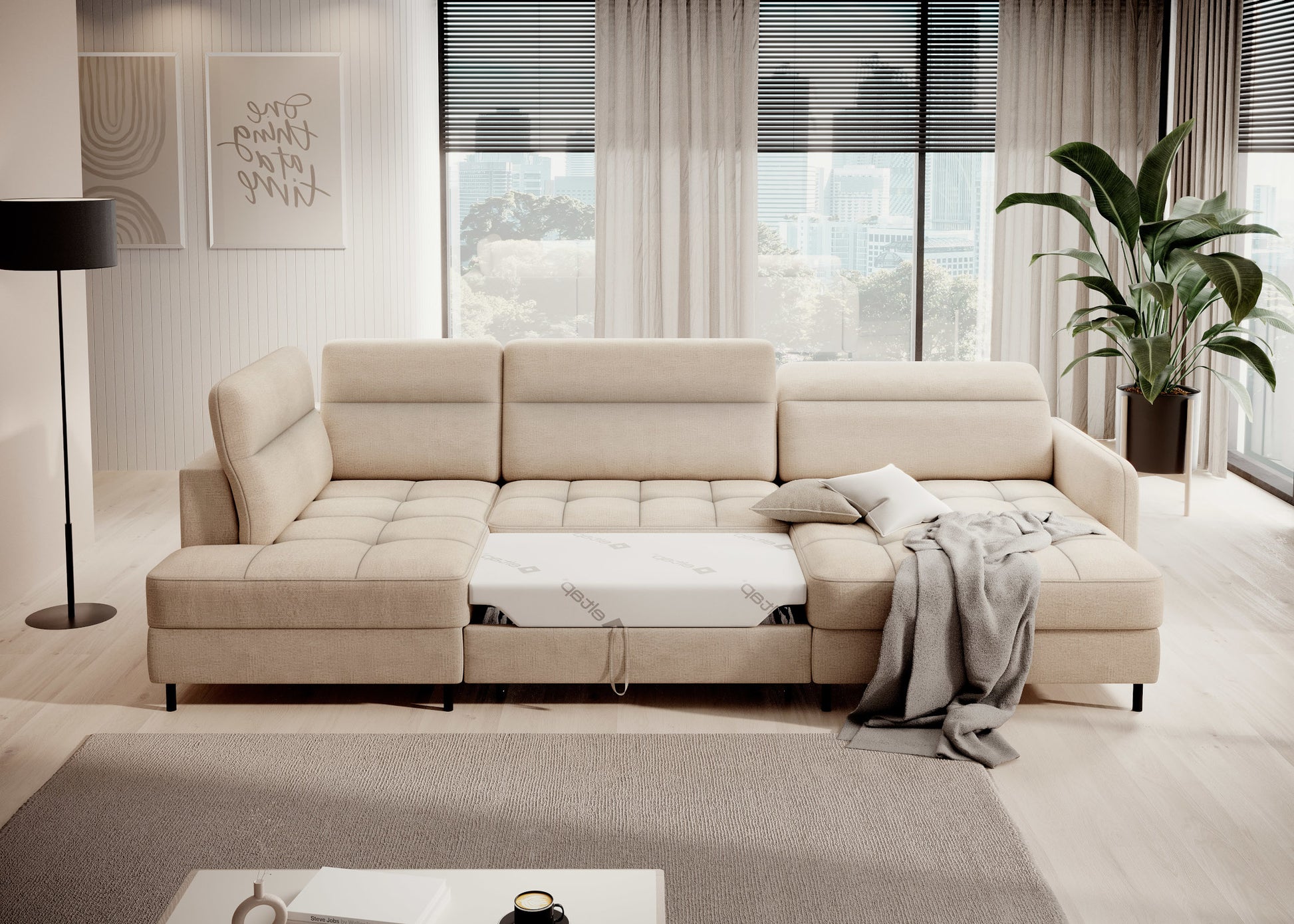 Narożnik Berrto rozłożony do spania, tapicerka Toscany 18 beżowa