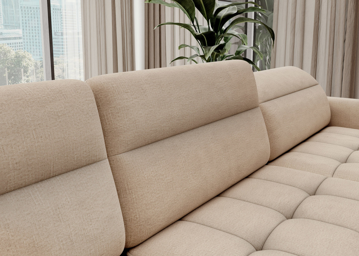 Zbliżenie tkaniny i przeszyć narożnika Berrto, materiał Toscany 18 beżowy