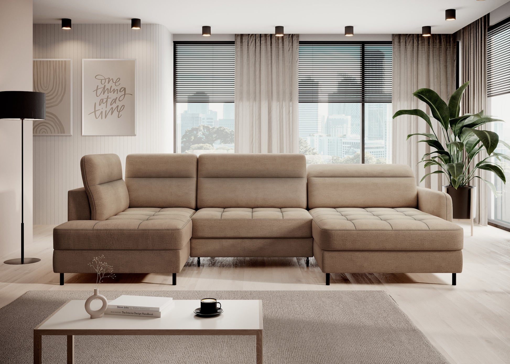 Narożnik Berrto w aranżacji salonu, karmelowy Toscany 20, widok frontalny