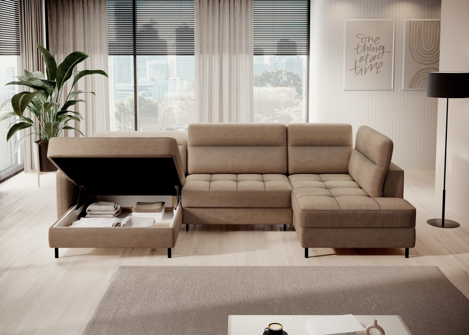 Narożnik Berrto, karmelowa tapicerka Toscany 20 – ujęcie z boku w salonie