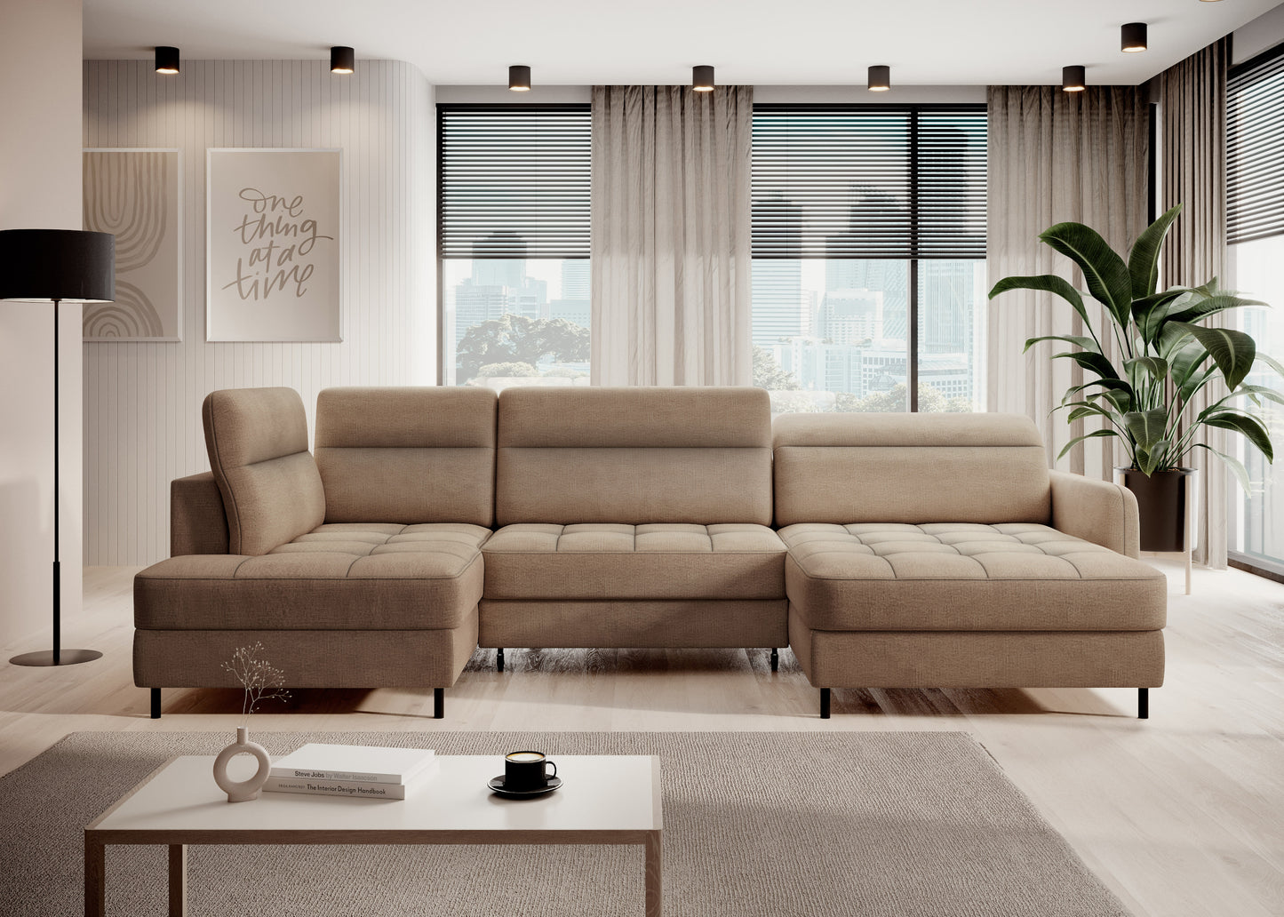 Narożnik Berrto w aranżacji salonu, karmelowa tkanina Toscany 20, widok z przodu