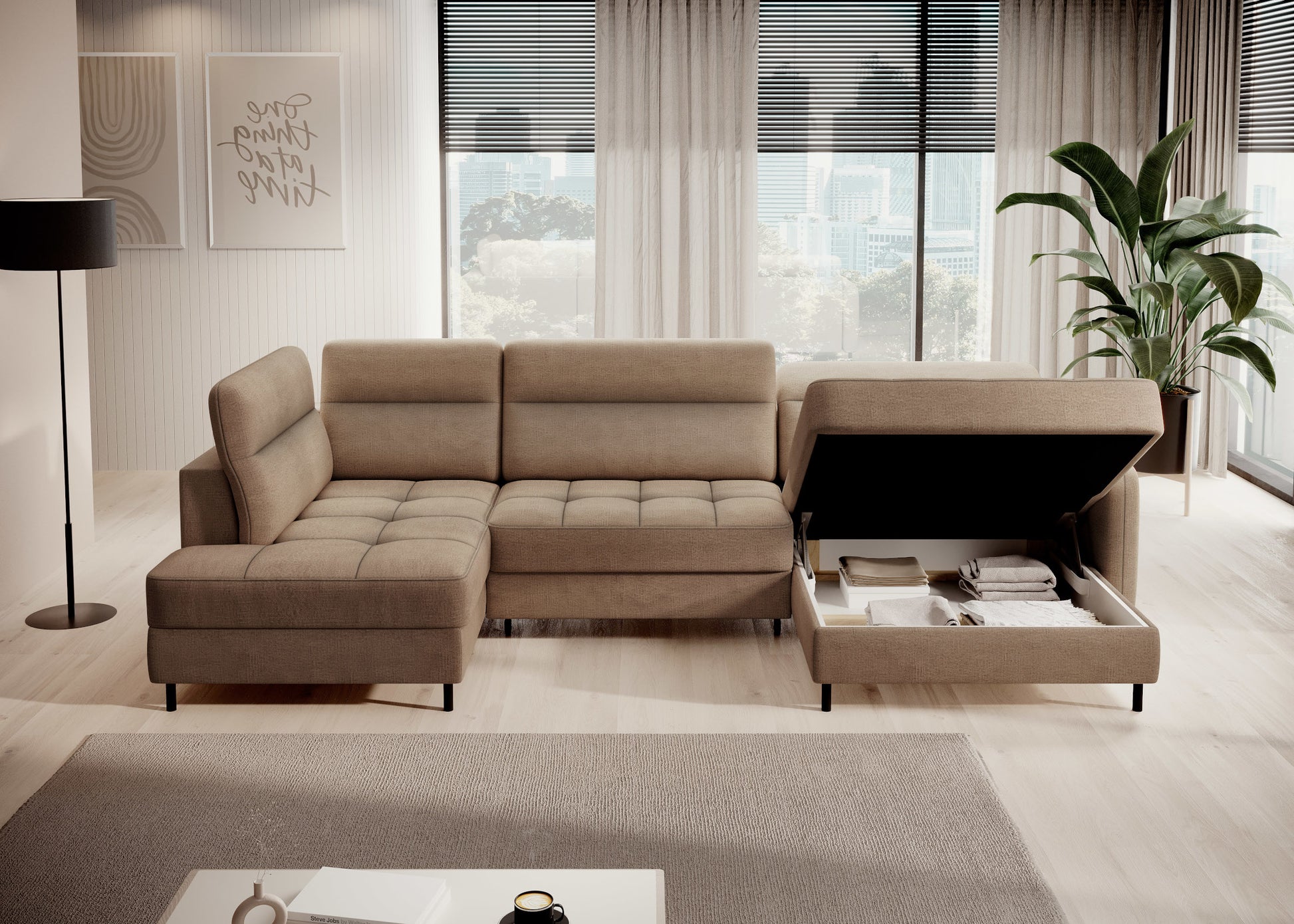 Narożnik Berrto w nowoczesnym salonie, Toscany 20 karmelowy – widok z boku