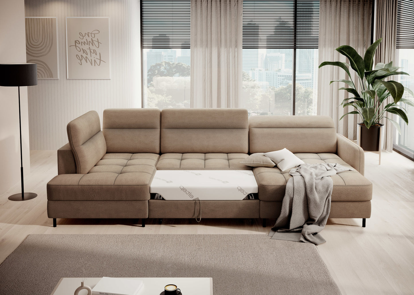 Narożnik Berrto rozłożony do spania, tapicerka Toscany 20 karmelowa