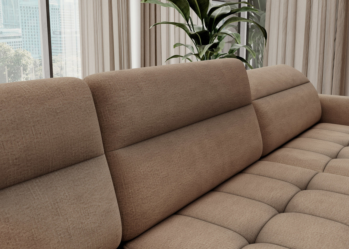 Zbliżenie tkaniny i przeszyć narożnika Berrto, materiał Toscany 20 karmelowy