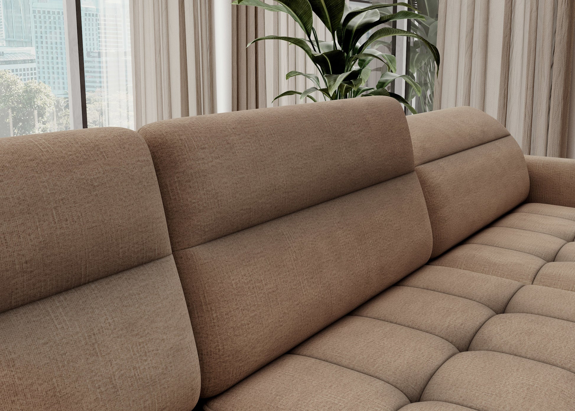 Zbliżenie tkaniny i przeszyć narożnika Berrto, materiał Toscany 20 karmelowy