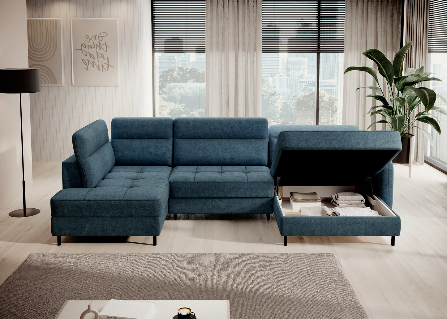 Narożnik Berrto w nowoczesnym salonie, Toscany 40 niebieski – widok z boku