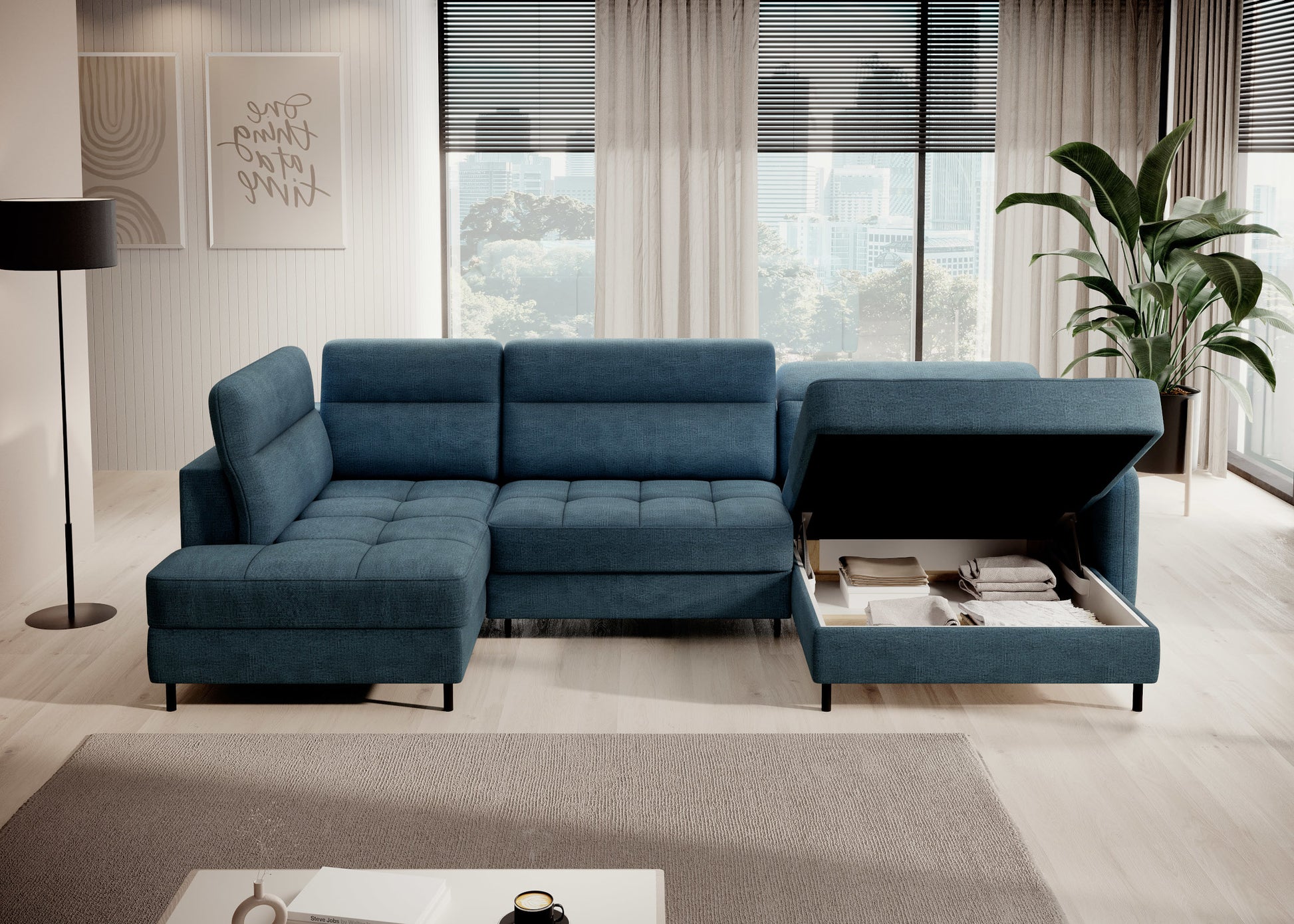 Narożnik Berrto w nowoczesnym salonie, Toscany 40 niebieski – widok z boku