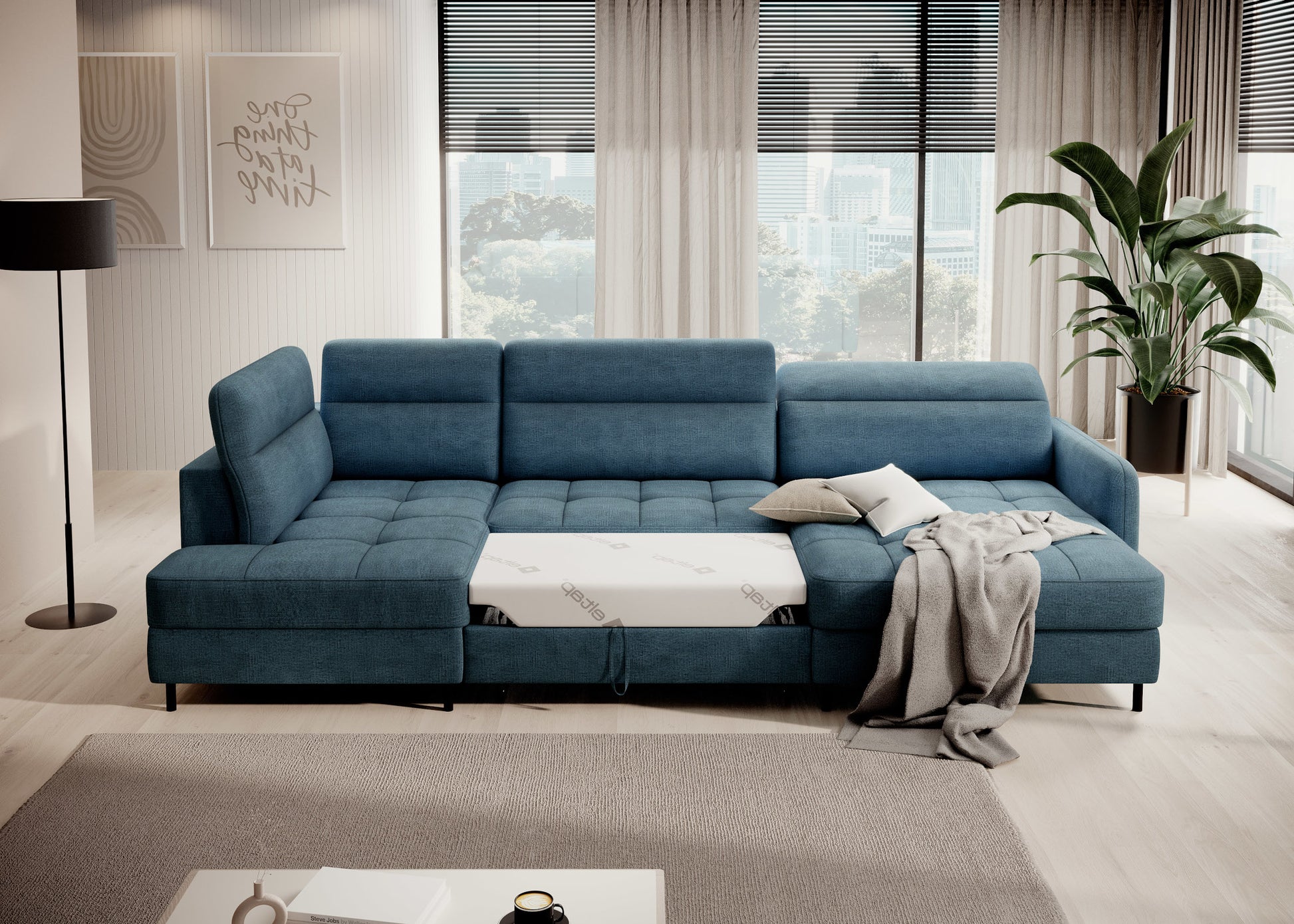 Narożnik Berrto z rozłożoną funkcją spania, tapicerka Toscany 40 niebieska