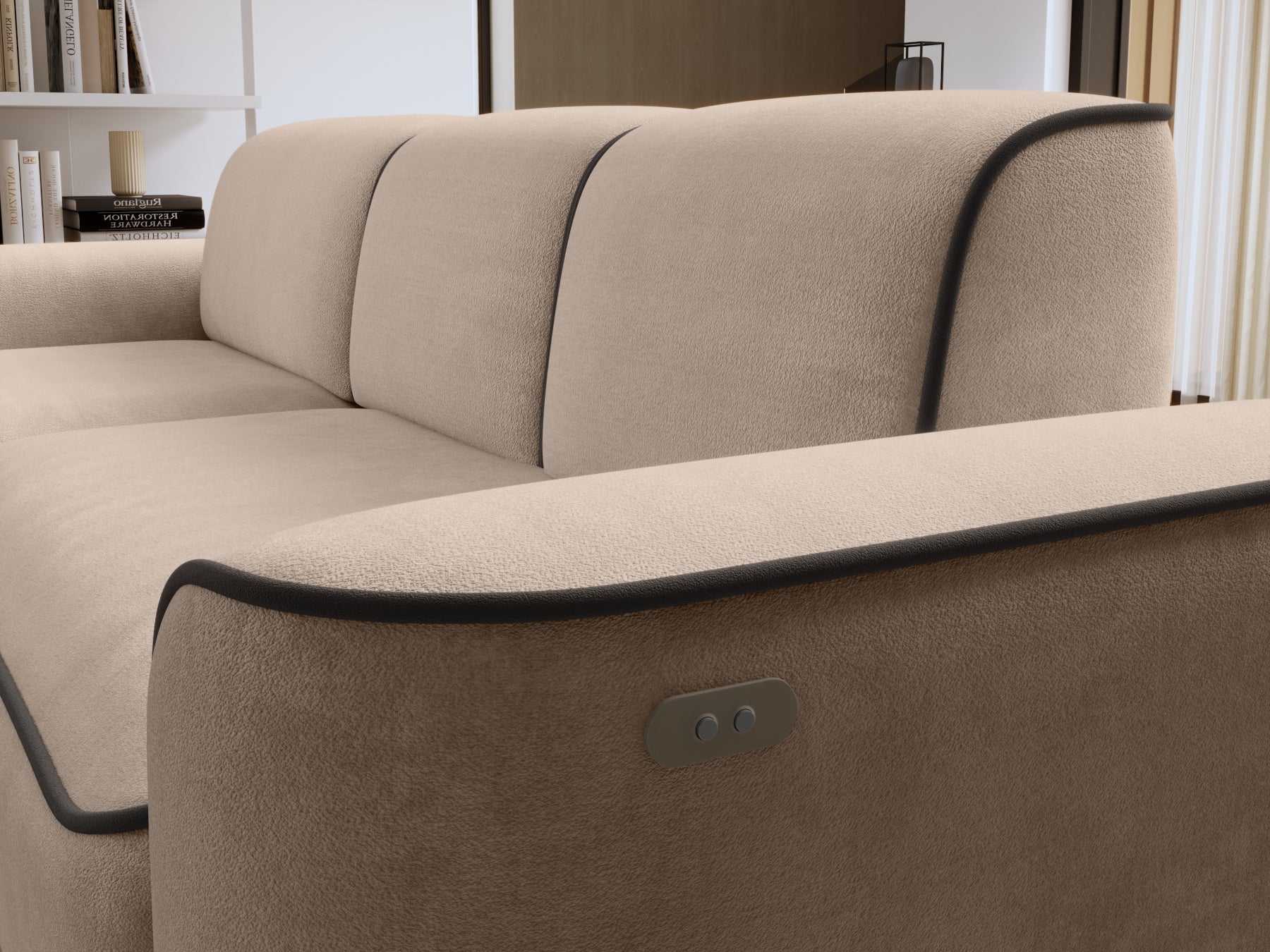 Narożnik Ume Amore 18 beżowy z lamówką Velvetmat 22 brązową, układ lewy – widok ukośny z boku.