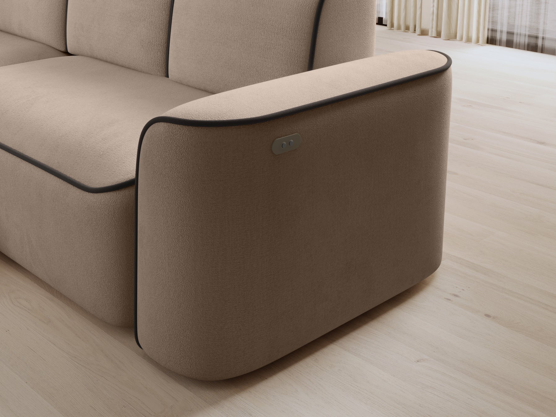 Lewy podłokietnik narożnika Ume Amore 18 beżowy z lamówką Velvetmat 22 brązową z widocznym panelem sterowania.