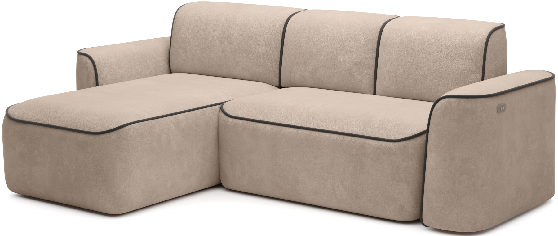 Narożnik Ume Amore 18 beżowy z lamówką Velvetmat 22 brązową, układ lewy – widok pod ukośnym kątem na białym tle.