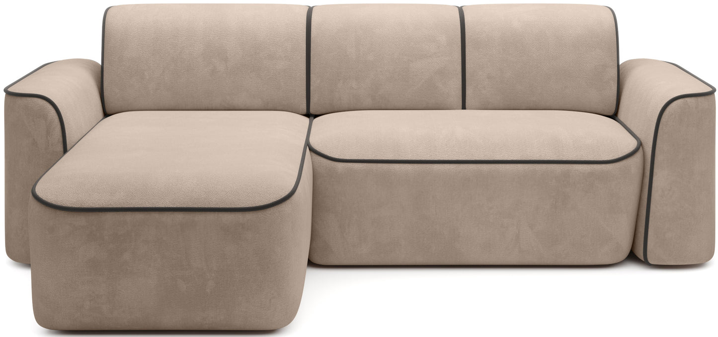 Narożnik Ume Amore 18 beżowy z lamówką Velvetmat 22 brązową, układ lewy – widok frontalny na białym tle.