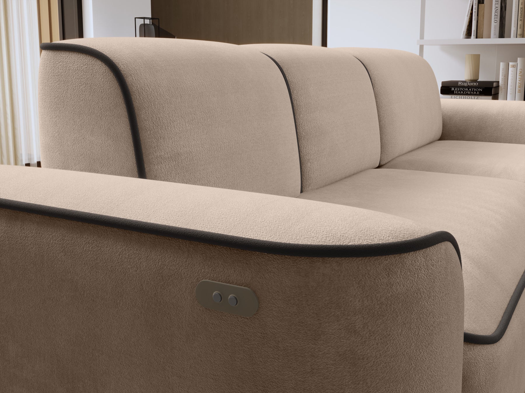 Prawy bok i oparcie narożnika Ume Amore 18 beżowy z lamówką Velvetmat 22 brązową – detal faktury tkaniny.