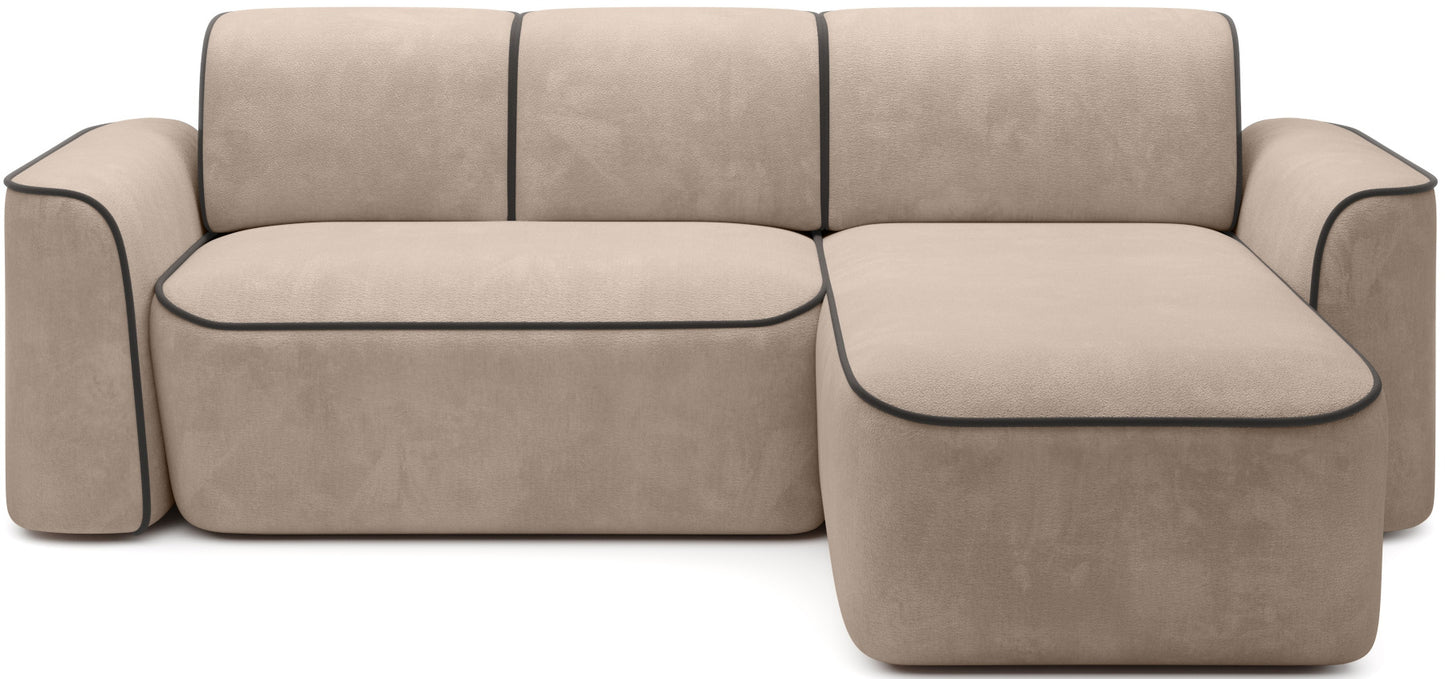 Narożnik Ume Amore 18 beżowy z kontrastową lamówką Velvetmat 22 brązową, układ prawy – widok frontalny na białym tle.