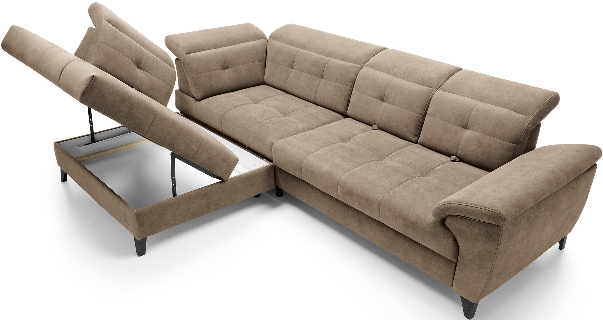 Narożnik Inferne Aura 20 beżowo-brązowy w układzie lewym z uniesionym siedziskiem odsłaniającym pojemną skrzynię na pościel.