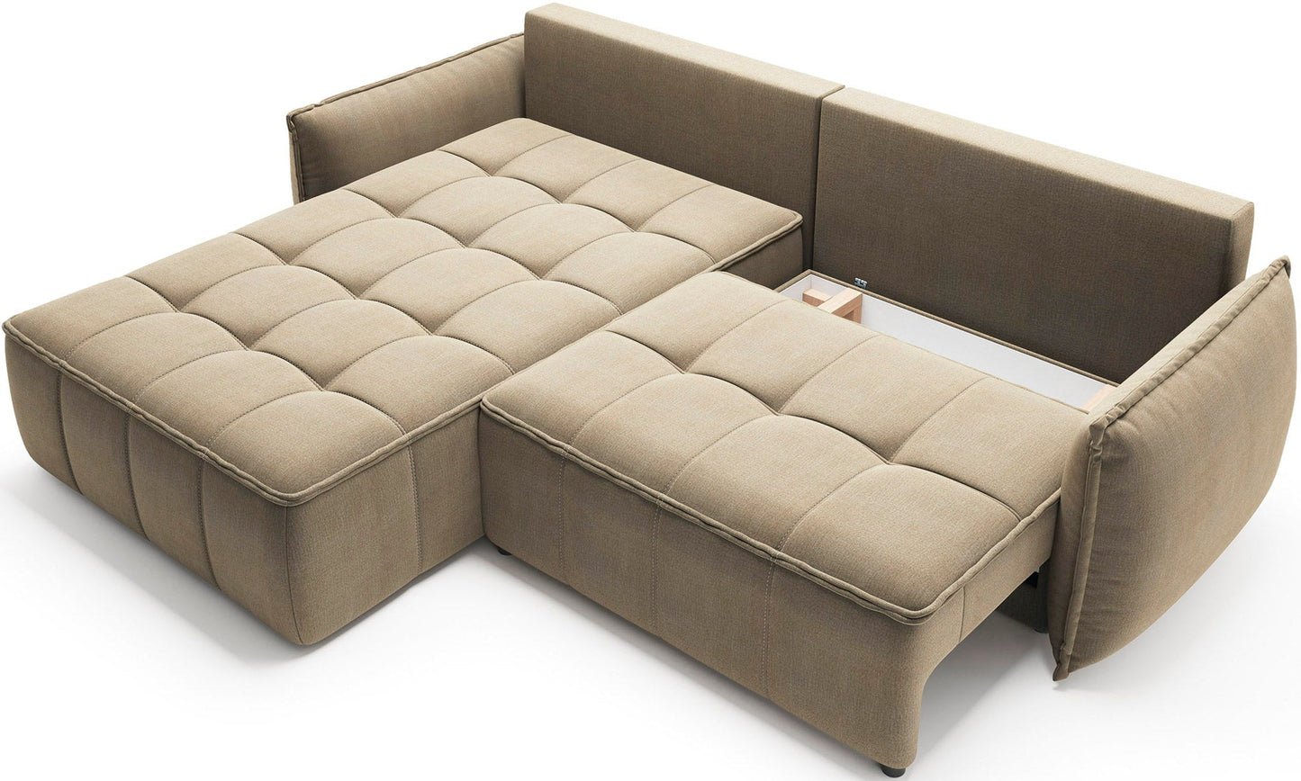 Narożnik Campo w układzie lewym, kolor Nube 20 beżowy, z otwartą komorą schowka pod siedziskiem, prezentowany na neutralnym tle.