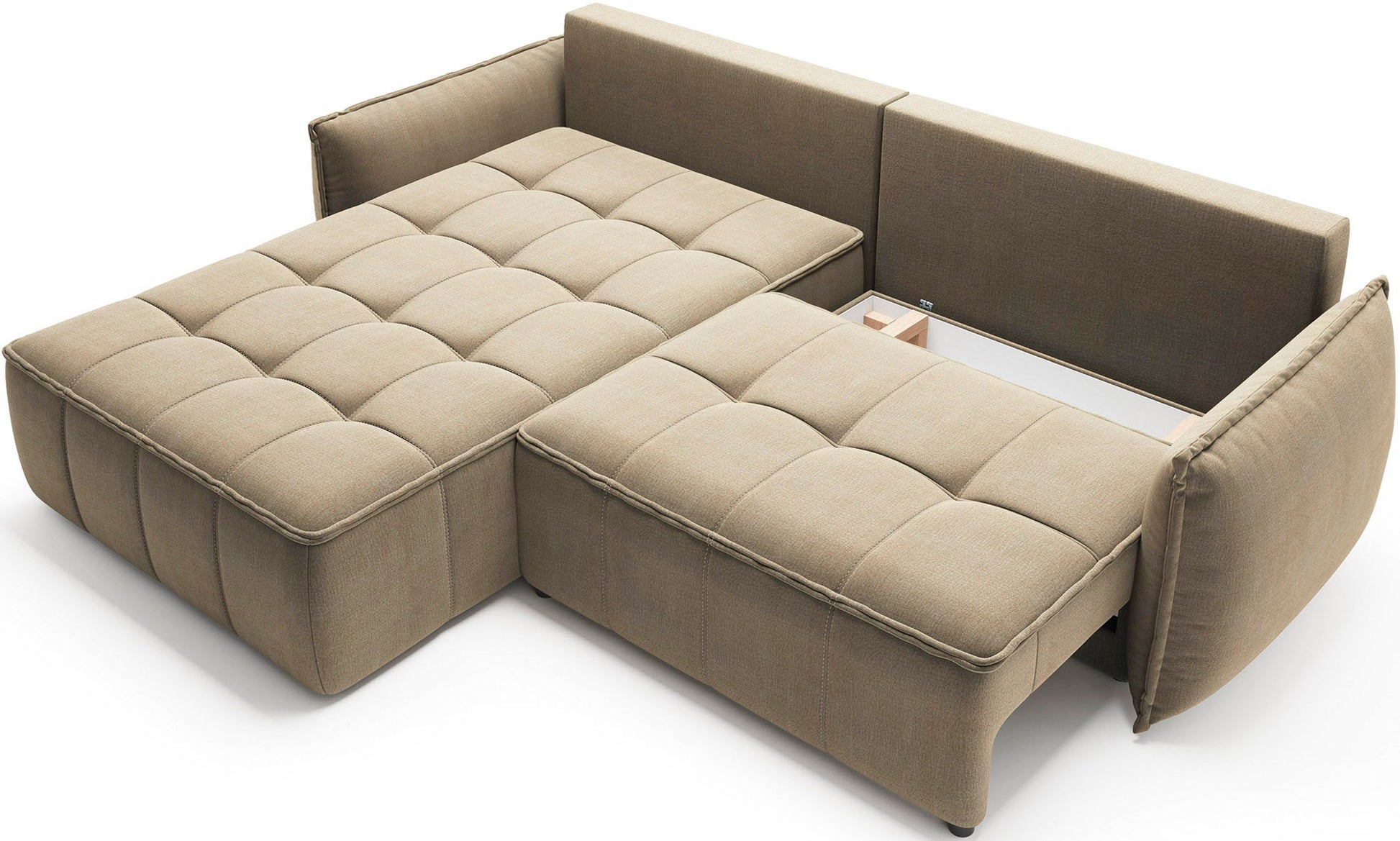 Narożnik Campo w układzie lewym, kolor Nube 20 beżowy, z otwartą komorą schowka pod siedziskiem, prezentowany na neutralnym tle.