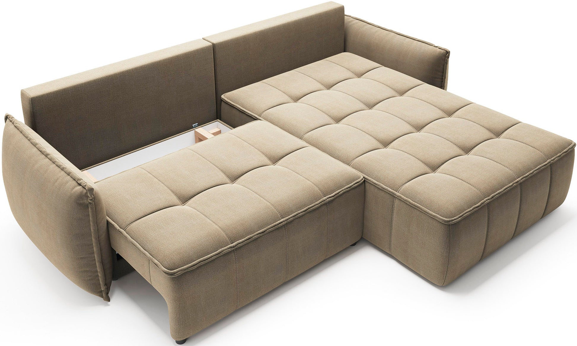 Narożnik Campo w układzie prawym, tkanina Nube 04 szary, ustawiony w jasnym salonie przed dużymi oknami, obok doniczki z rośliną i stolika kawowego.