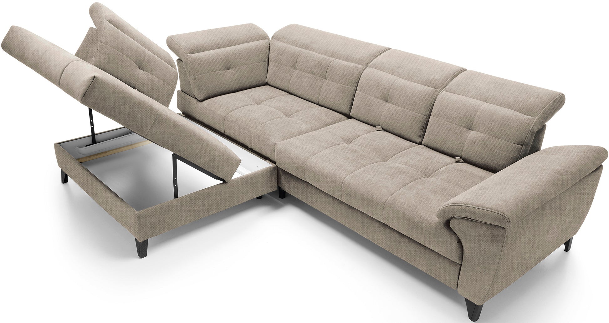 Narożnik Inferne Raquel 20 beżowy w układzie lewym z uniesionym siedziskiem odsłaniającym pojemny schowek.