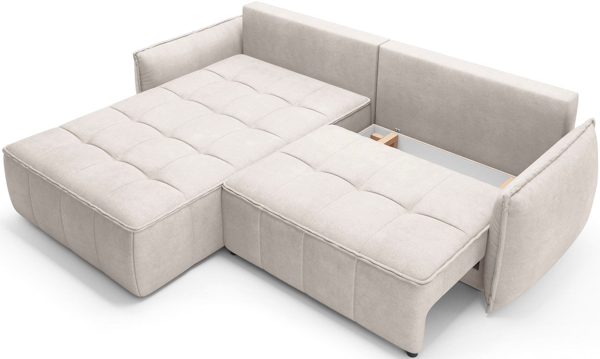 Narożnik Campo Relax 18 beżowy układ lewy, rozłożony z odsłoniętym schowkiem na pościel, pokazujący praktyczny mechanizm mebla.