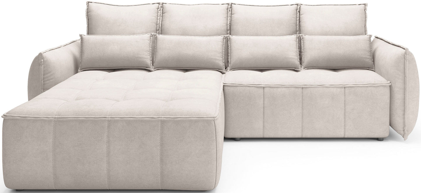 Narożnik Campo Relax 18 beżowy w układzie lewym, produktowy widok na białym tle z charakterystycznym pikowaniem siedziska.