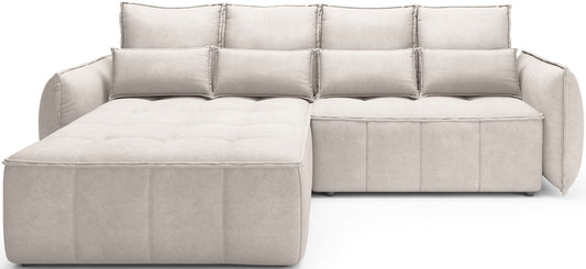 Narożnik Campo Relax 18 beżowy w układzie lewym, produktowy widok na białym tle z charakterystycznym pikowaniem siedziska.