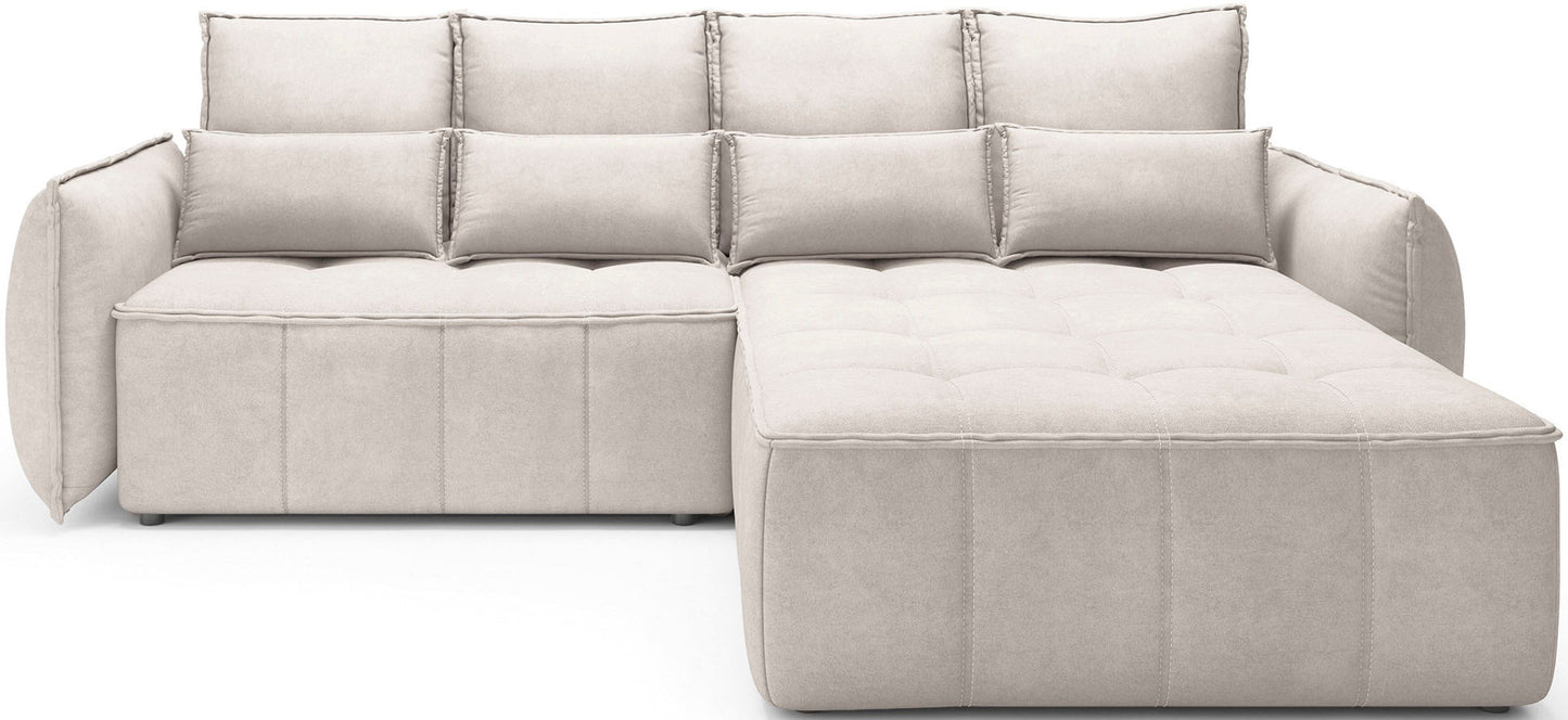 Narożnik Campo Relax 18 beżowy w układzie prawym, produktowy widok na białym tle z charakterystycznym pikowaniem siedziska.