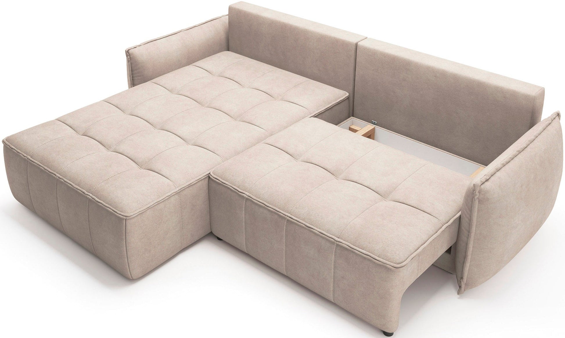 Narożnik Campo Relax 20 beżowy w układzie lewym z rozłożonym siedziskiem odsłaniającym pojemnik na pościel, prezentowany na białym tle.