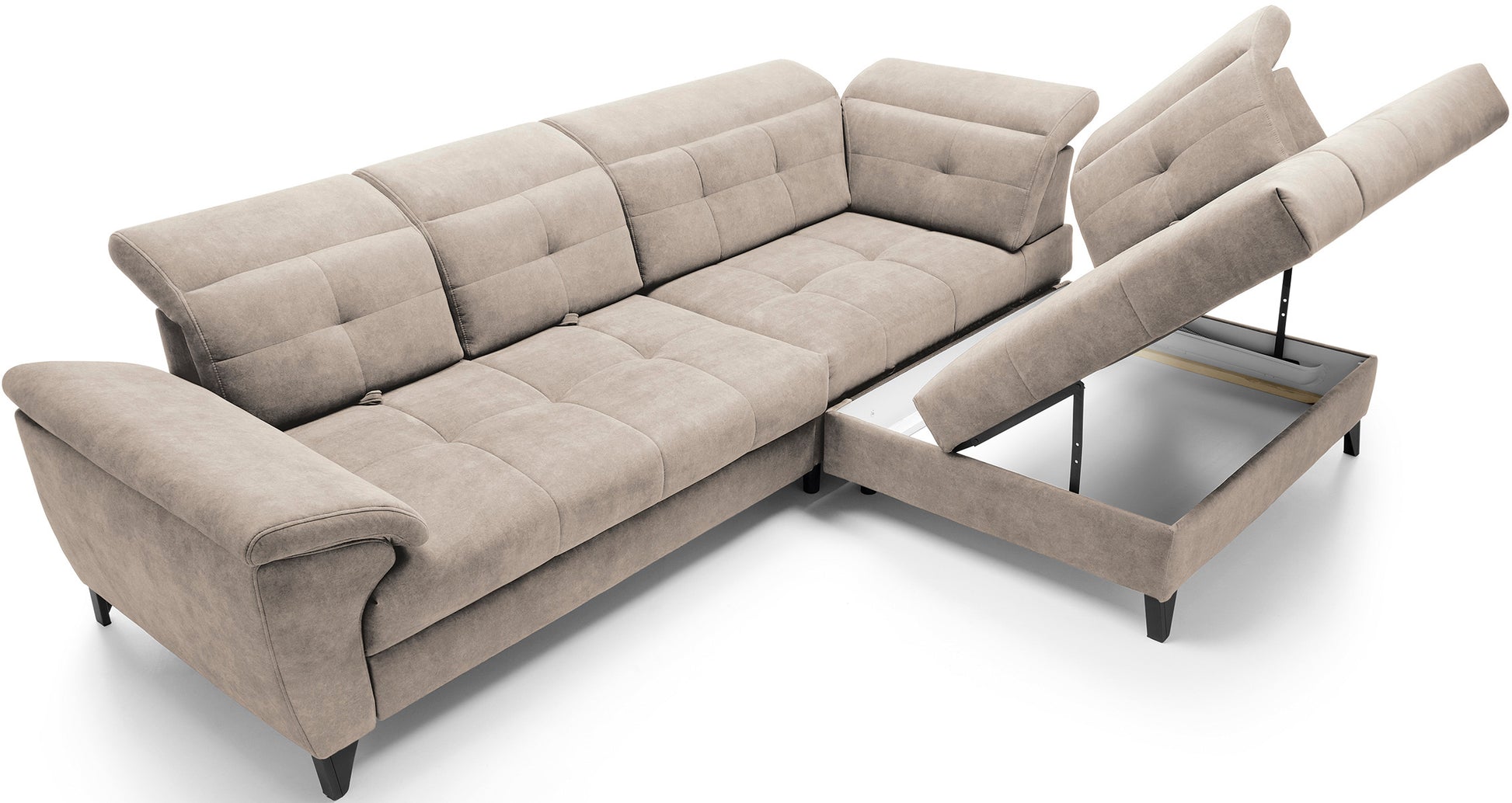 Segment narożnika Inferne Relax 20 beżowy w układzie prawym z uniesionym siedziskiem odsłaniającym pojemny schowek na pościel, mechanizm podtrzymujący podnoszone oparcie i nogi mebla.