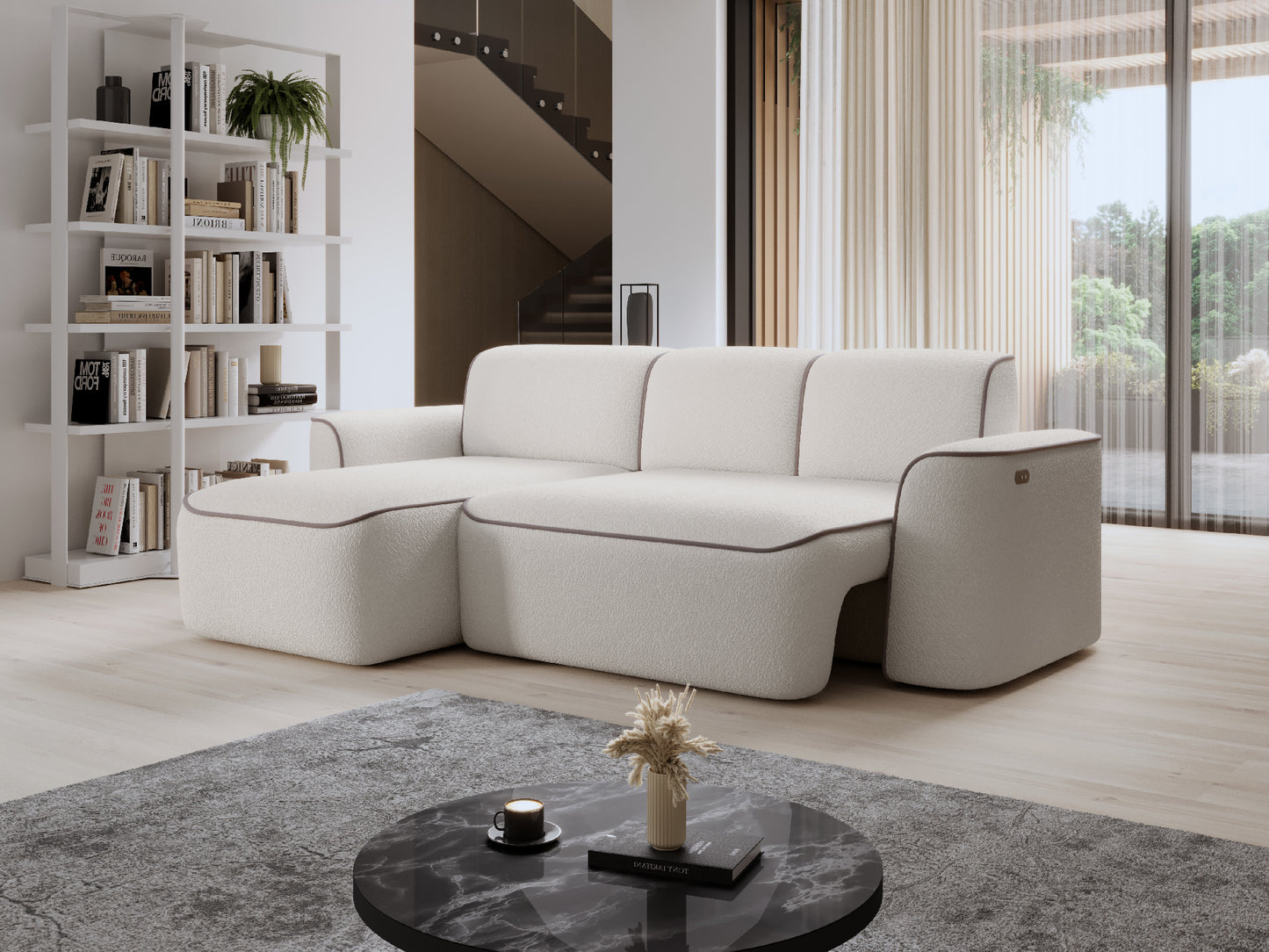 Narożnik Ume Royal 01 biały/Paros 02 beżowy, układ lewy w eleganckim wnętrzu obok regału z książkami.