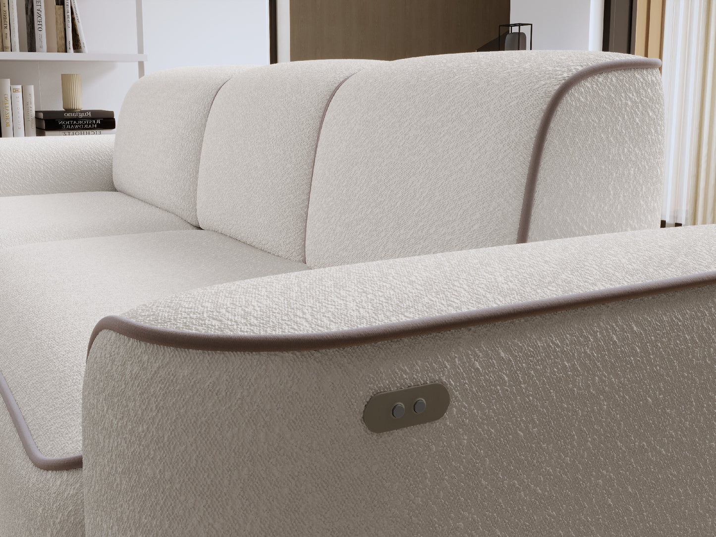 Detal bocznego oparcia narożnika Ume Royal 01 biały, z widocznym panelem sterowania.