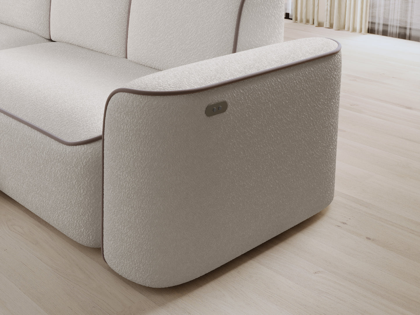 Zbliżenie bocznego podłokietnika narożnika Ume Royal 01 biały z dwoma przyciskami sterowania.